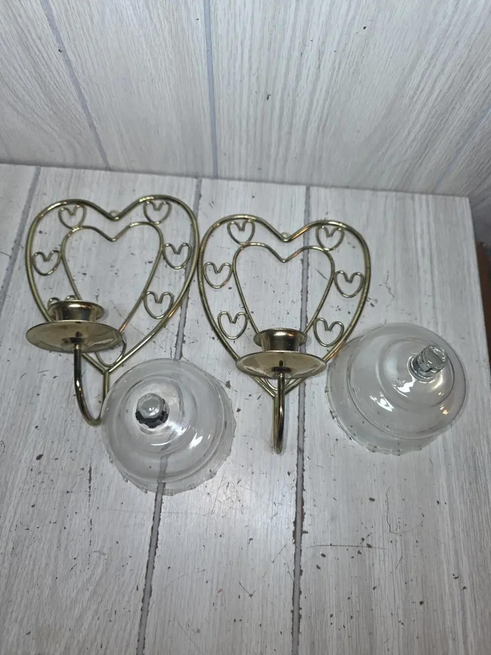 Vtg Homco Brass Heart Candle Holder Wall Sconces Clear Ruffle Votives Set
